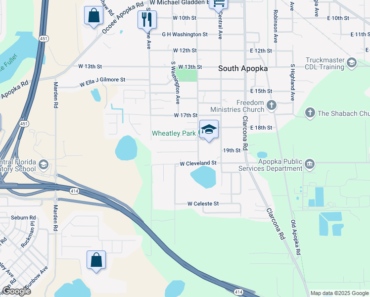 map of restaurants, bars, coffee shops, grocery stores, and more near 143 West 20th Street in Apopka