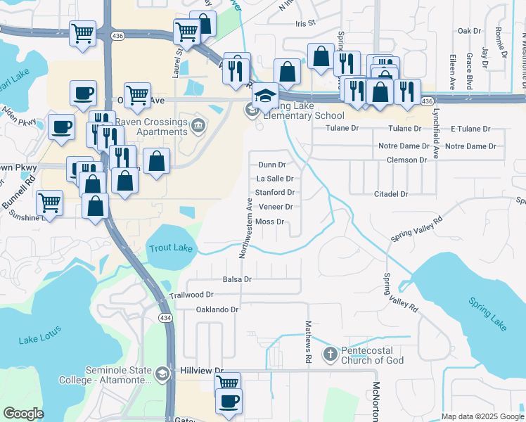 map of restaurants, bars, coffee shops, grocery stores, and more near 681 Veneer Drive in Altamonte Springs