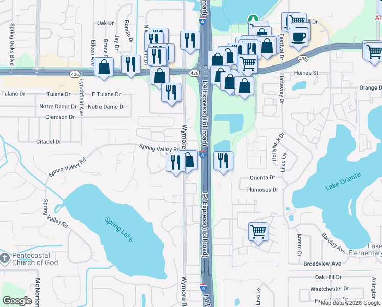 map of restaurants, bars, coffee shops, grocery stores, and more near 345 Wymore Road in Altamonte Springs
