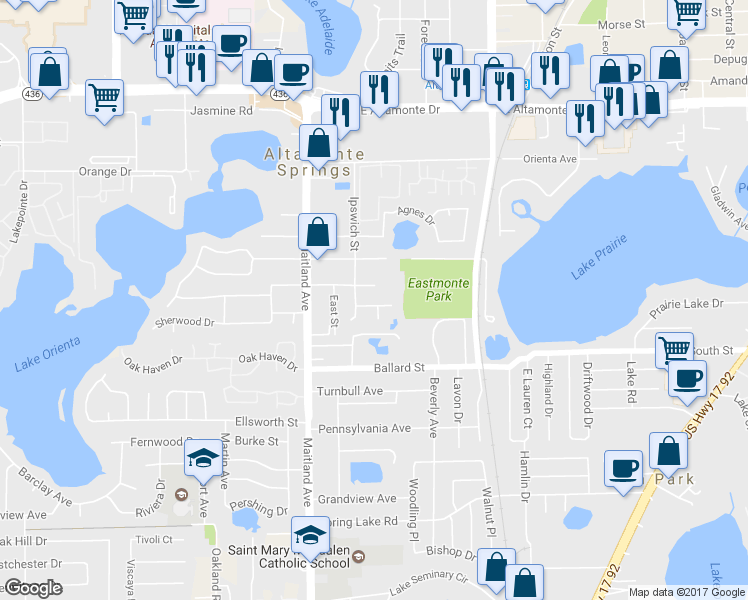 map of restaurants, bars, coffee shops, grocery stores, and more near 805 Underoak Drive in Altamonte Springs