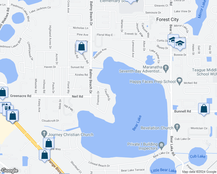 map of restaurants, bars, coffee shops, grocery stores, and more near 3051 Cecelia Drive in Apopka