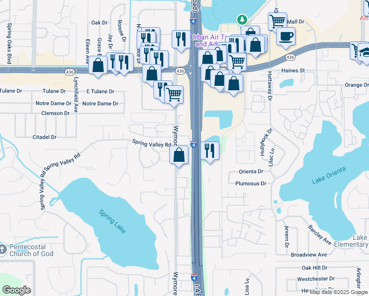 map of restaurants, bars, coffee shops, grocery stores, and more near 345 Wymore Road in Altamonte Springs