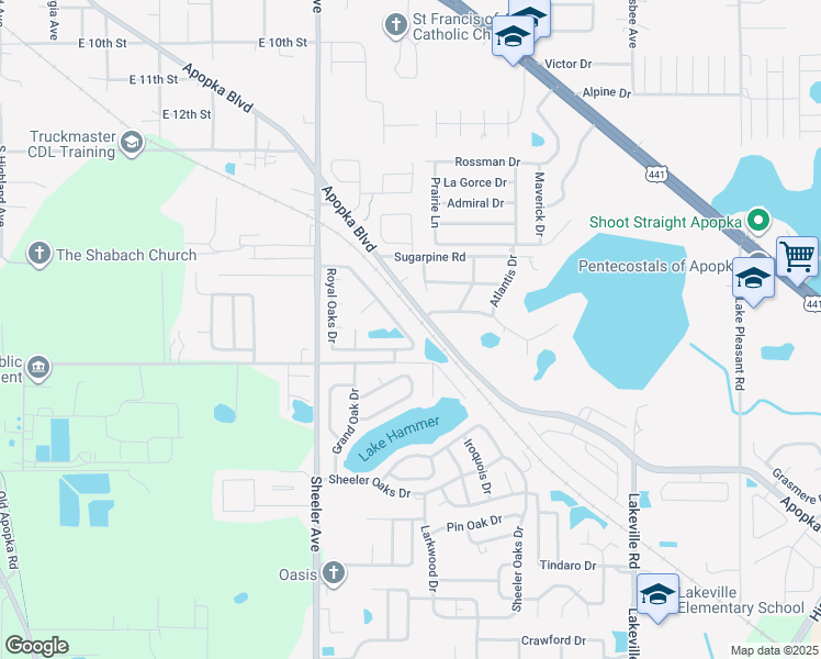 map of restaurants, bars, coffee shops, grocery stores, and more near 1021 Royal Oaks Drive in Apopka