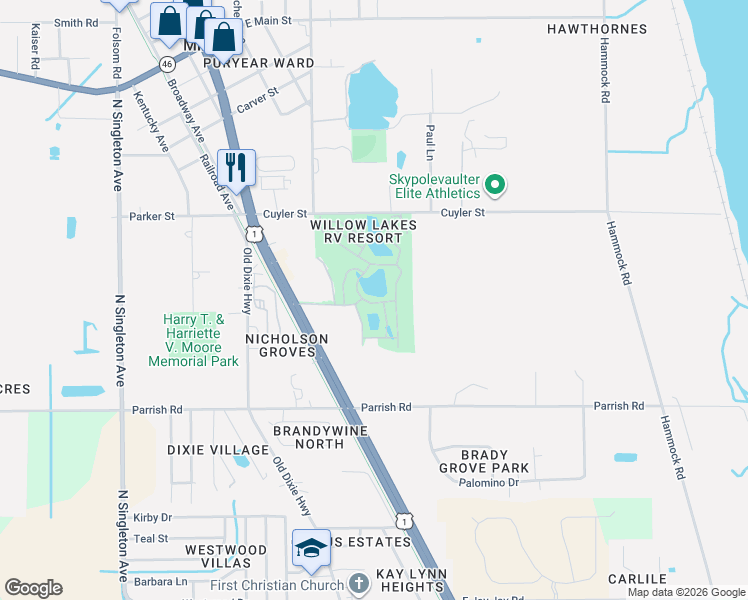 map of restaurants, bars, coffee shops, grocery stores, and more near 1807 Platinum Drive in Titusville