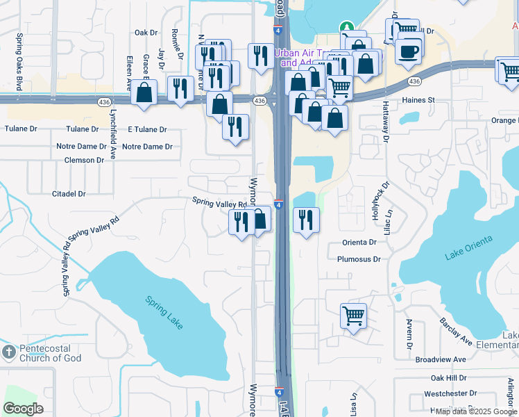 map of restaurants, bars, coffee shops, grocery stores, and more near 345 Wymore Road in Altamonte Springs