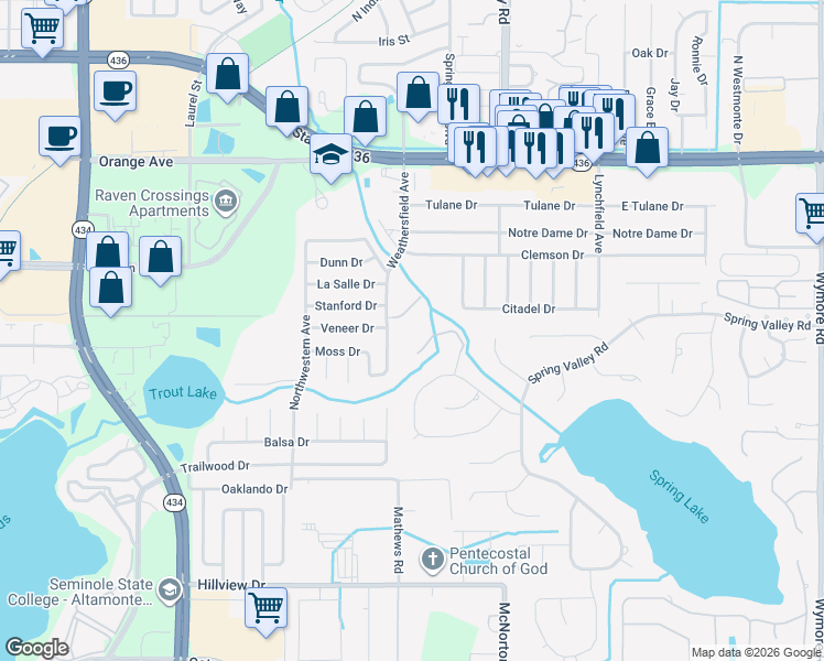 map of restaurants, bars, coffee shops, grocery stores, and more near 101 Horse Lovers Lane in Altamonte Springs