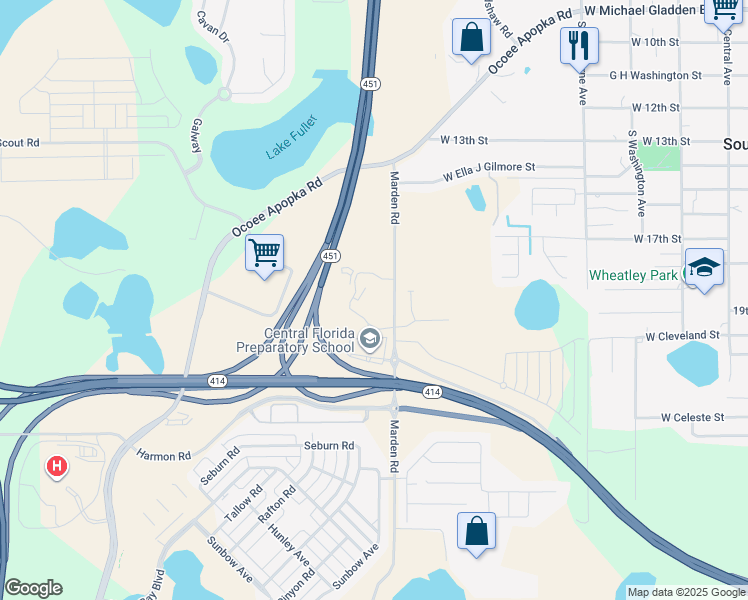 map of restaurants, bars, coffee shops, grocery stores, and more near 1595 Marden Road in Apopka