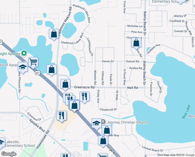 map of restaurants, bars, coffee shops, grocery stores, and more near 1511 Wheeler Rd in Apopka