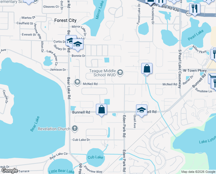 map of restaurants, bars, coffee shops, grocery stores, and more near 3952 McNeil Road in Apopka