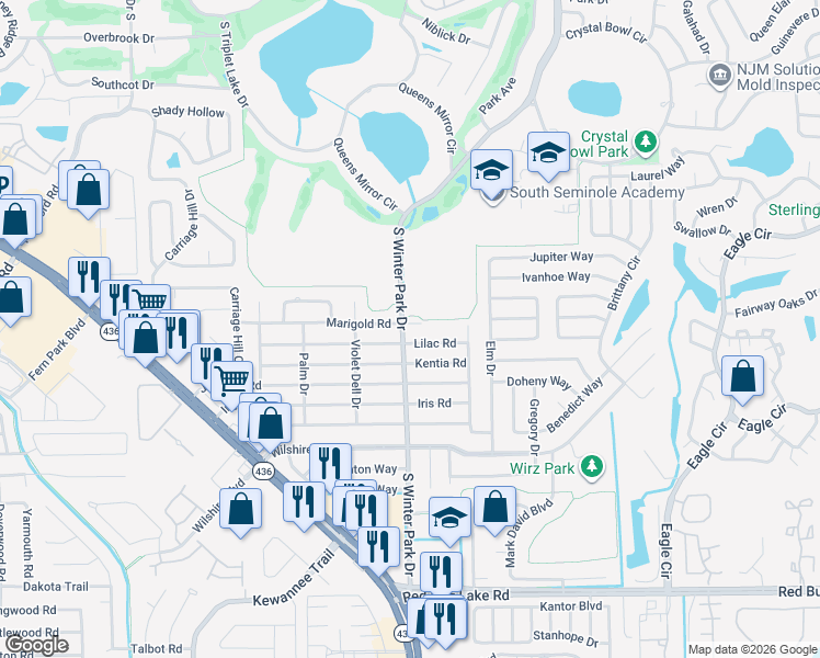 map of restaurants, bars, coffee shops, grocery stores, and more near 384 South Winter Park Drive in Casselberry