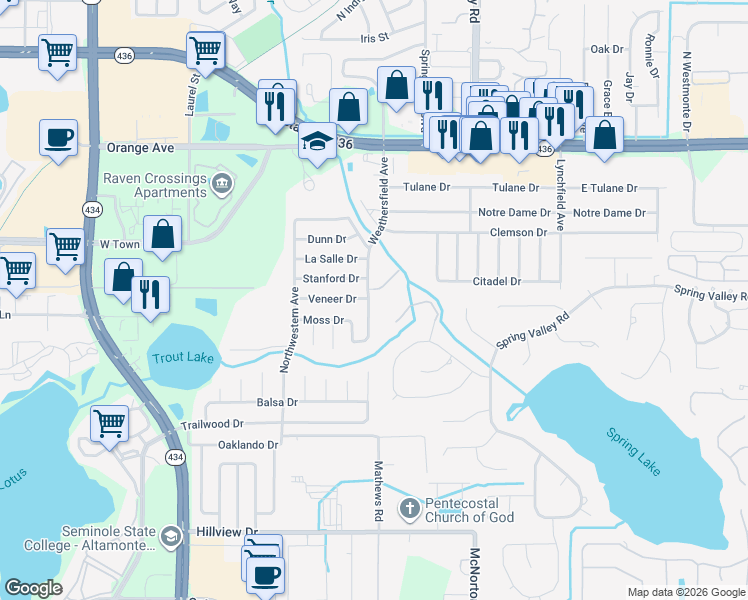 map of restaurants, bars, coffee shops, grocery stores, and more near 101 Horse Lovers Lane in Altamonte Springs