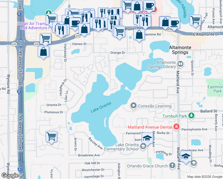 map of restaurants, bars, coffee shops, grocery stores, and more near 540 Orange Drive in Altamonte Springs