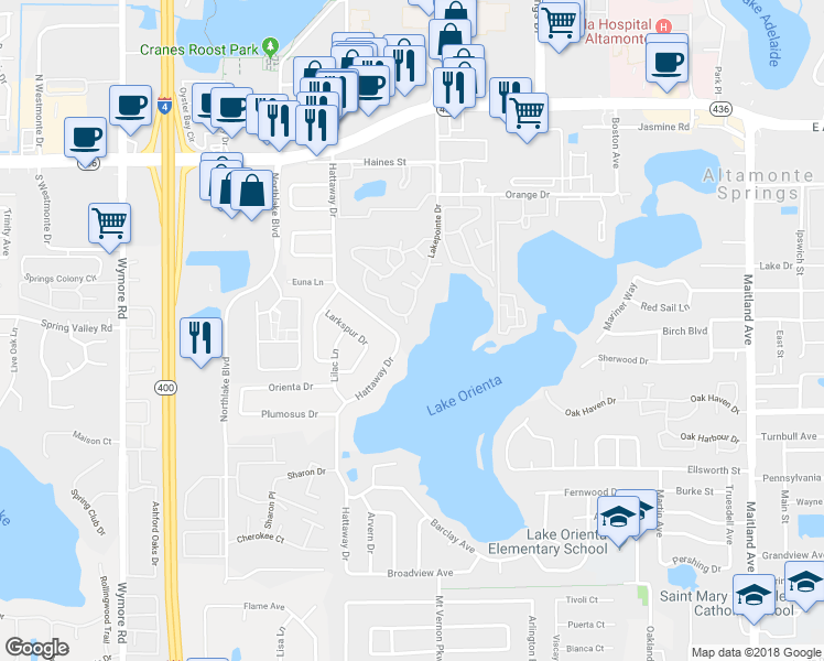 map of restaurants, bars, coffee shops, grocery stores, and more near 370 Lake Ontario Court in Altamonte Springs