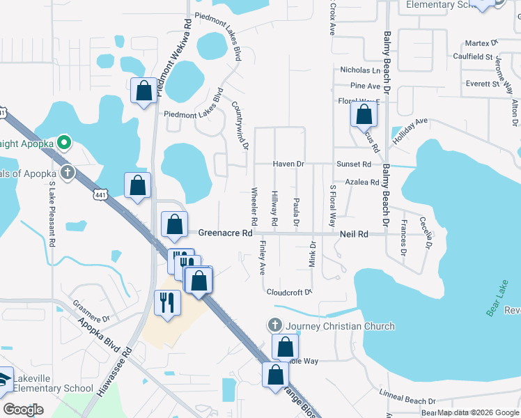 map of restaurants, bars, coffee shops, grocery stores, and more near 1511 Wheeler Road in Apopka