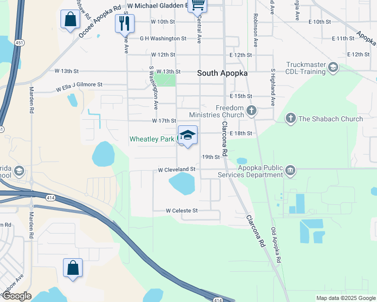 map of restaurants, bars, coffee shops, grocery stores, and more near 2 West 18th Street in Apopka