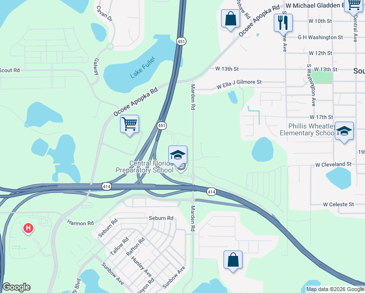 map of restaurants, bars, coffee shops, grocery stores, and more near 1595 Marden Road in Apopka