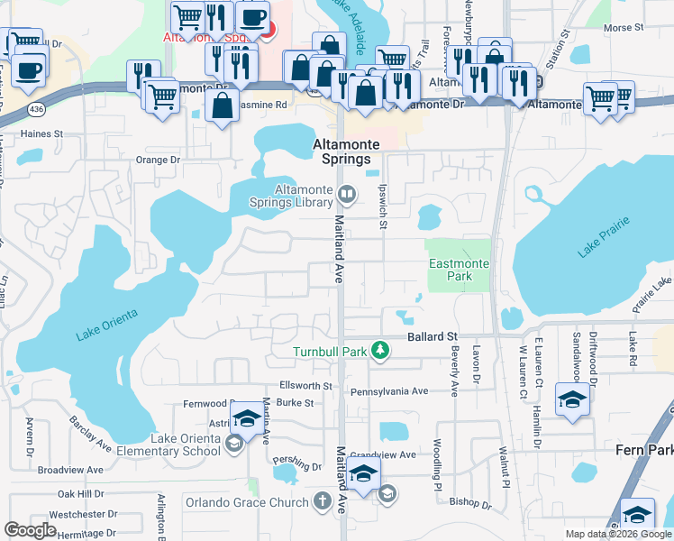 map of restaurants, bars, coffee shops, grocery stores, and more near 400 County Road 427 in Altamonte Springs