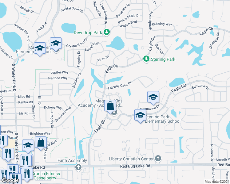 map of restaurants, bars, coffee shops, grocery stores, and more near 522 Woodfire Way in Casselberry