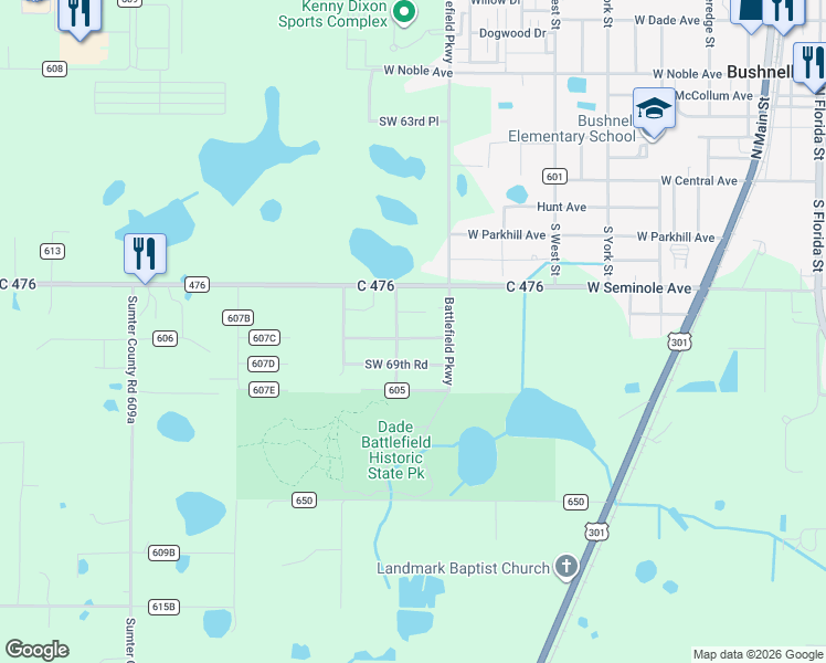 map of restaurants, bars, coffee shops, grocery stores, and more near 1340 County Road 604 in Bushnell