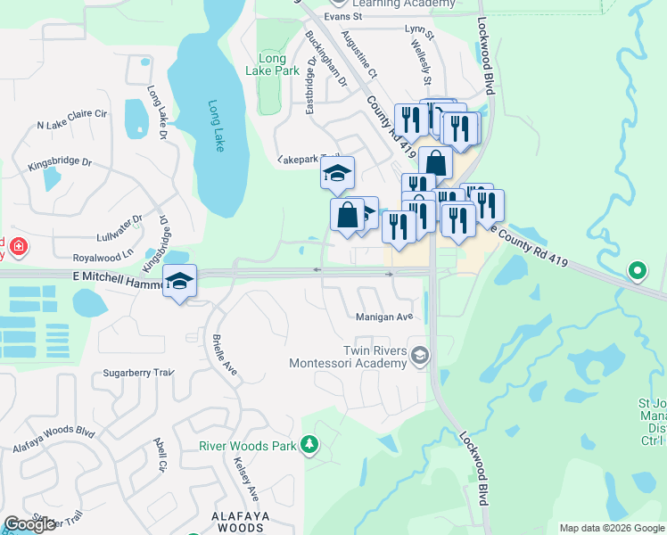 map of restaurants, bars, coffee shops, grocery stores, and more near 1425 E Mitchell Hammock Rd in Oviedo