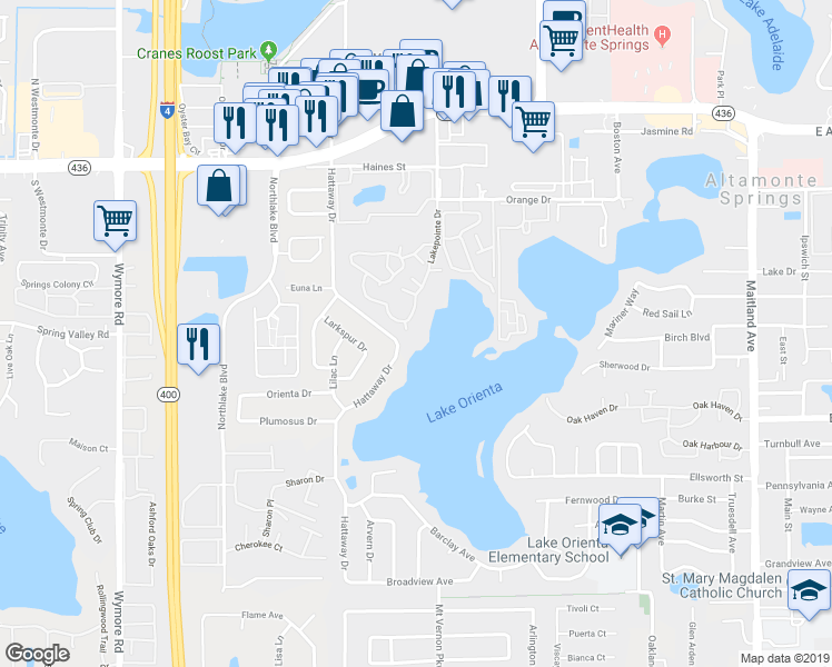 map of restaurants, bars, coffee shops, grocery stores, and more near 370 Lake Ontario Court in Altamonte Springs