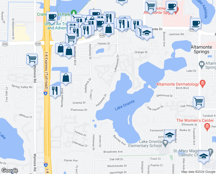 map of restaurants, bars, coffee shops, grocery stores, and more near 370 Lake Ontario Court in Altamonte Springs