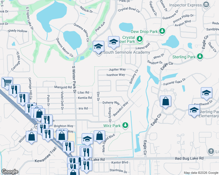 map of restaurants, bars, coffee shops, grocery stores, and more near 512 West Foothill Way in Casselberry