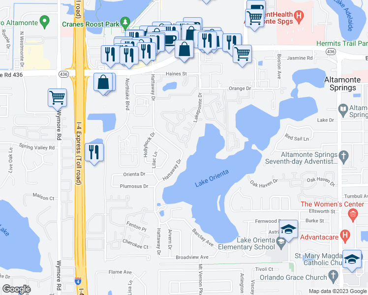 map of restaurants, bars, coffee shops, grocery stores, and more near 370 Lake Ontario Court in Altamonte Springs
