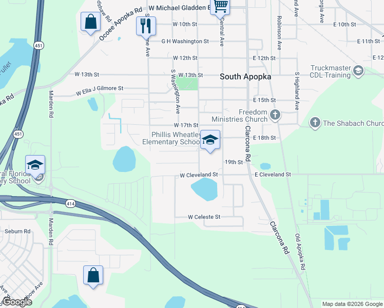 map of restaurants, bars, coffee shops, grocery stores, and more near 143 West 20th Street in Apopka