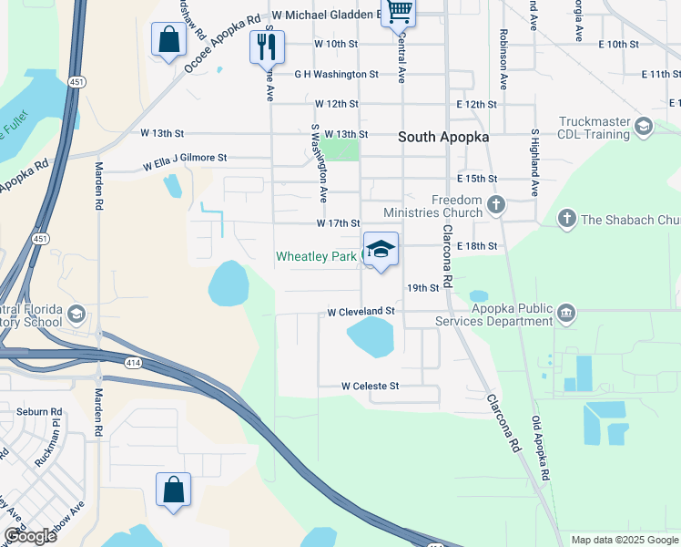 map of restaurants, bars, coffee shops, grocery stores, and more near 143 West 20th Street in Apopka