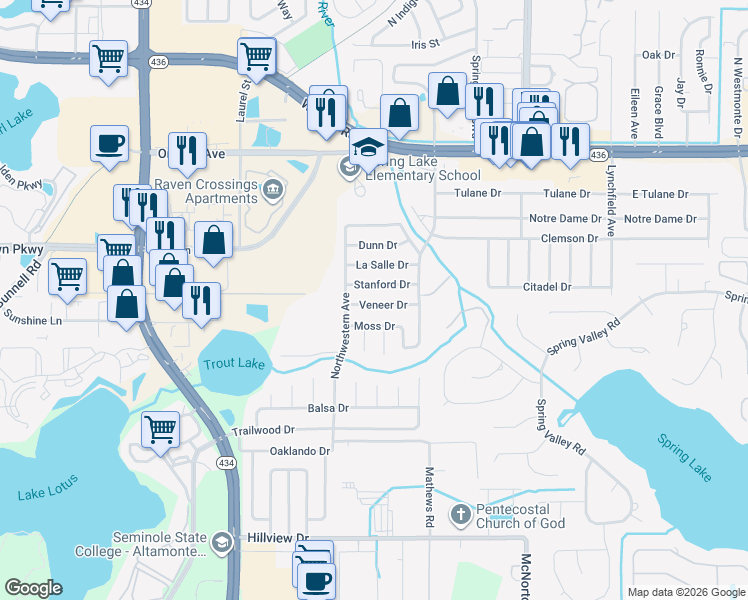 map of restaurants, bars, coffee shops, grocery stores, and more near 681 Veneer Drive in Altamonte Springs