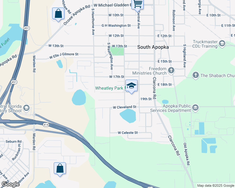 map of restaurants, bars, coffee shops, grocery stores, and more near 143 West 20th Street in Apopka