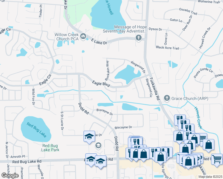 map of restaurants, bars, coffee shops, grocery stores, and more near 421 South Buckskin Way in Winter Springs