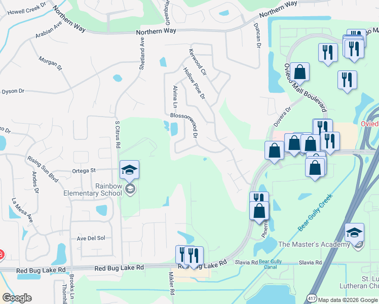 map of restaurants, bars, coffee shops, grocery stores, and more near 1194 Needlewood Loop in Oviedo