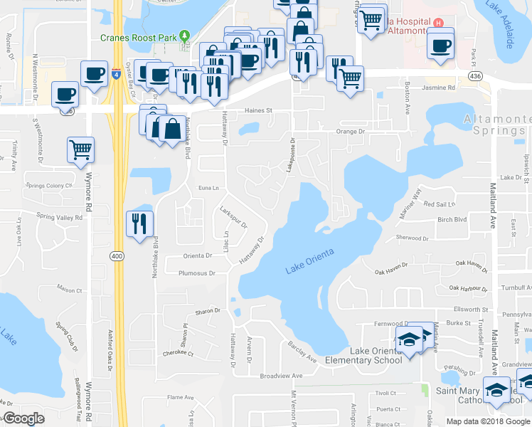 map of restaurants, bars, coffee shops, grocery stores, and more near 370 Lake Ontario Court in Altamonte Springs