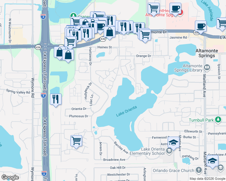 map of restaurants, bars, coffee shops, grocery stores, and more near 355 Lakepointe Drive in Altamonte Springs