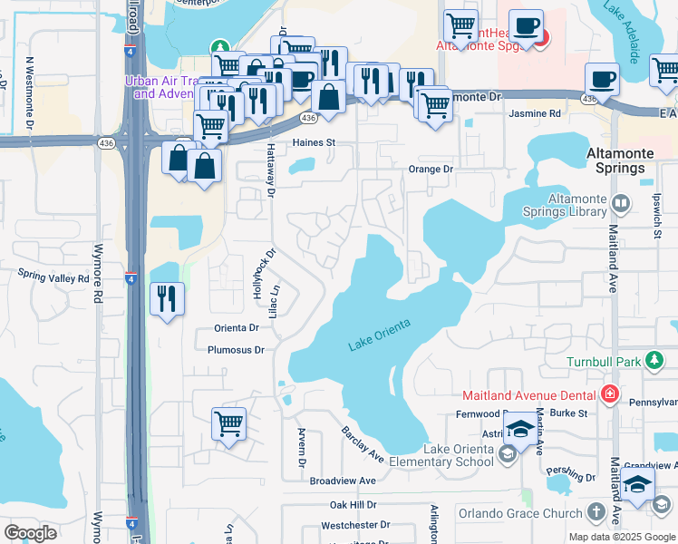 map of restaurants, bars, coffee shops, grocery stores, and more near 355 Lakepointe Drive in Altamonte Springs