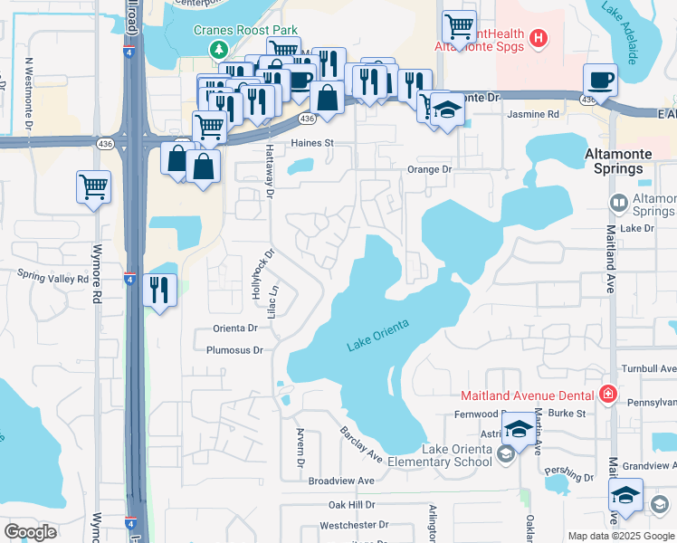 map of restaurants, bars, coffee shops, grocery stores, and more near 370 Lake Ontario Court in Altamonte Springs