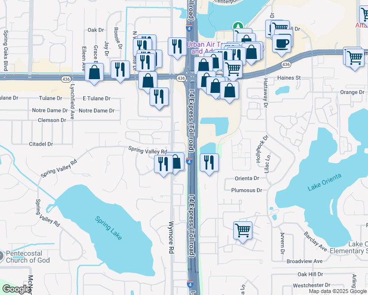 map of restaurants, bars, coffee shops, grocery stores, and more near 345 Wymore Road in Altamonte Springs