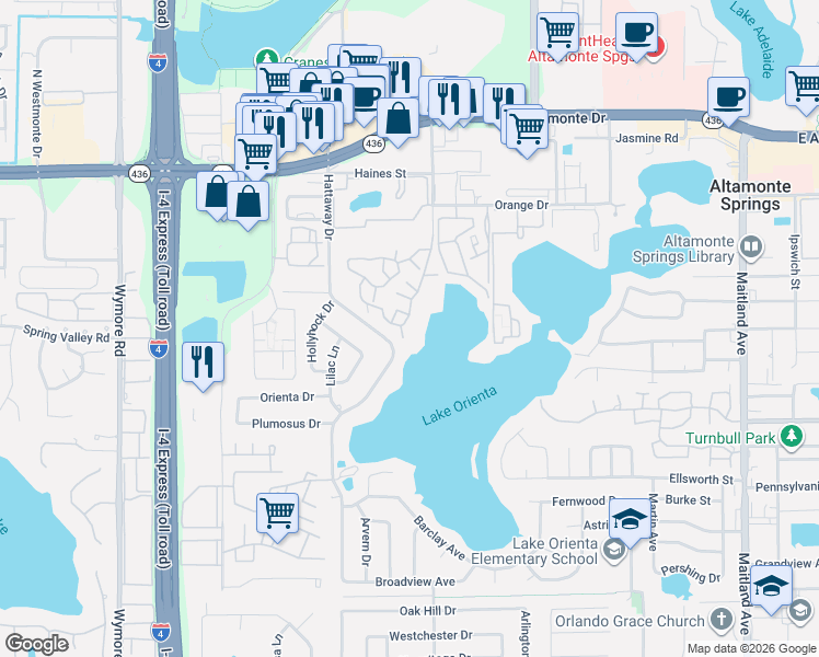 map of restaurants, bars, coffee shops, grocery stores, and more near 370 Lake Ontario Court in Altamonte Springs