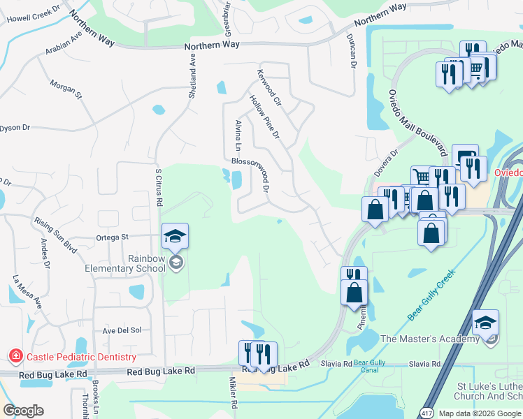 map of restaurants, bars, coffee shops, grocery stores, and more near 1218 Needlewood Loop in Oviedo
