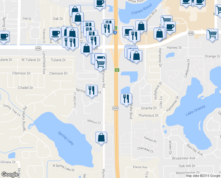 map of restaurants, bars, coffee shops, grocery stores, and more near 345 Wymore Road in Altamonte Springs