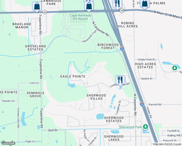 map of restaurants, bars, coffee shops, grocery stores, and more near 2141 Kings Cross Street in Titusville