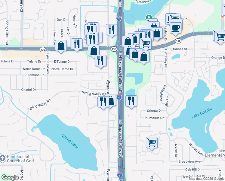 map of restaurants, bars, coffee shops, grocery stores, and more near 345 Wymore Road in Altamonte Springs