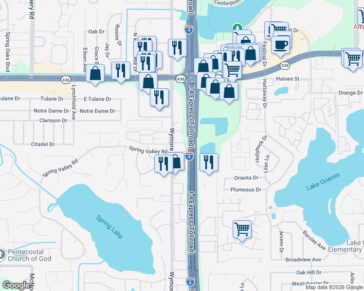 map of restaurants, bars, coffee shops, grocery stores, and more near 345 Wymore Road in Altamonte Springs
