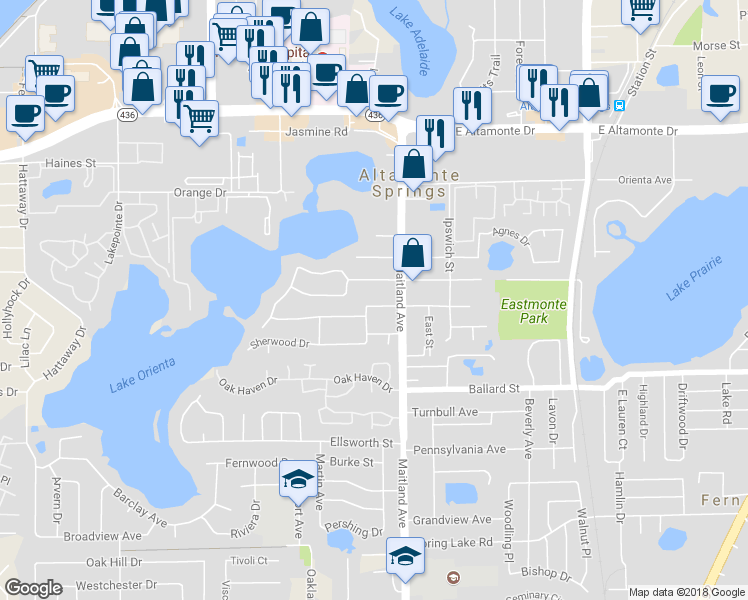 map of restaurants, bars, coffee shops, grocery stores, and more near 404 Pine Avenue in Altamonte Springs