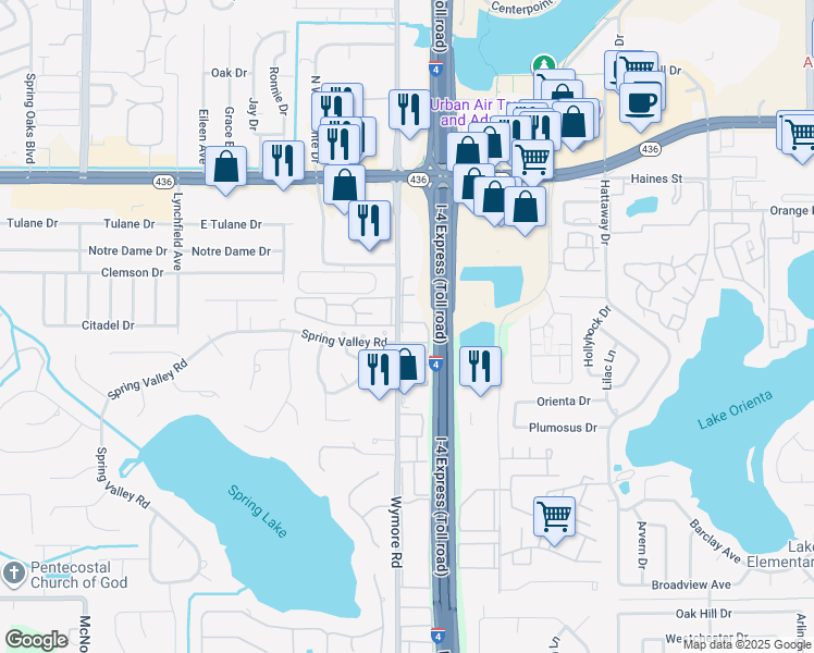 map of restaurants, bars, coffee shops, grocery stores, and more near 345 Wymore Road in Altamonte Springs