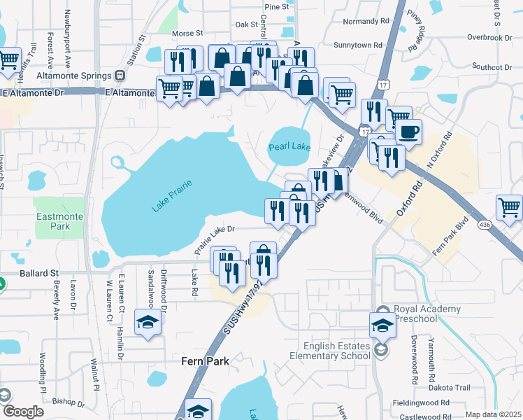 map of restaurants, bars, coffee shops, grocery stores, and more near 609 Prairie Lake Drive in Casselberry