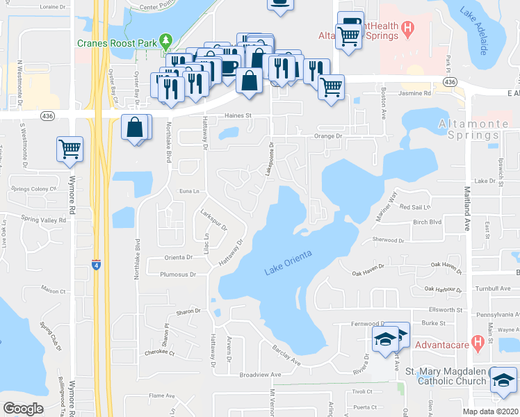 map of restaurants, bars, coffee shops, grocery stores, and more near 366 Waterside Drive in Altamonte Springs