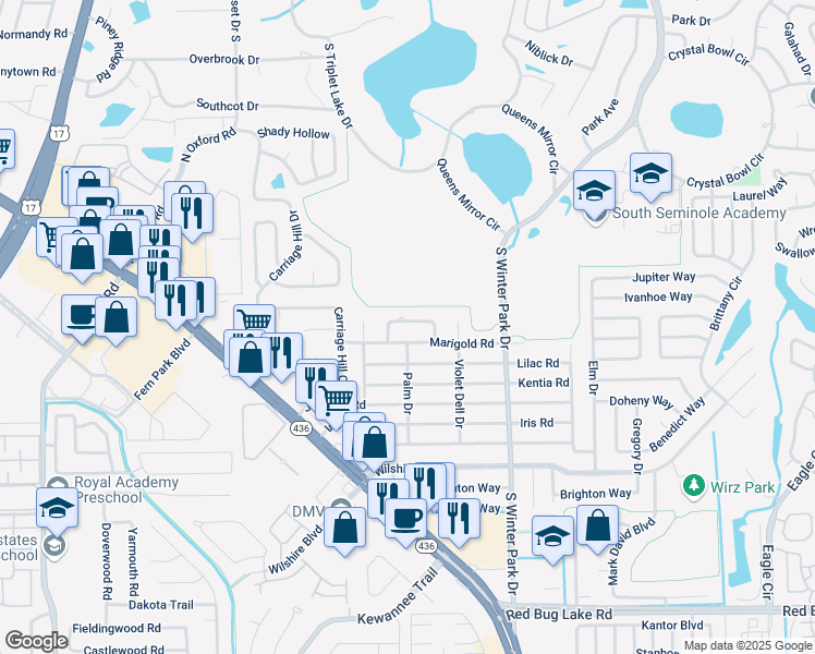 map of restaurants, bars, coffee shops, grocery stores, and more near 451 Lowndes Square in Casselberry